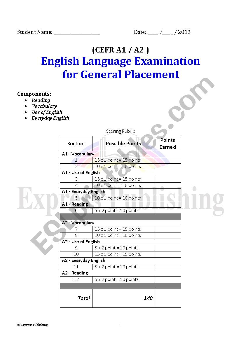 A1 A2 General Placement test worksheet