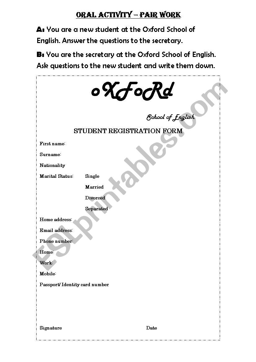 REGISTRATION FORM worksheet