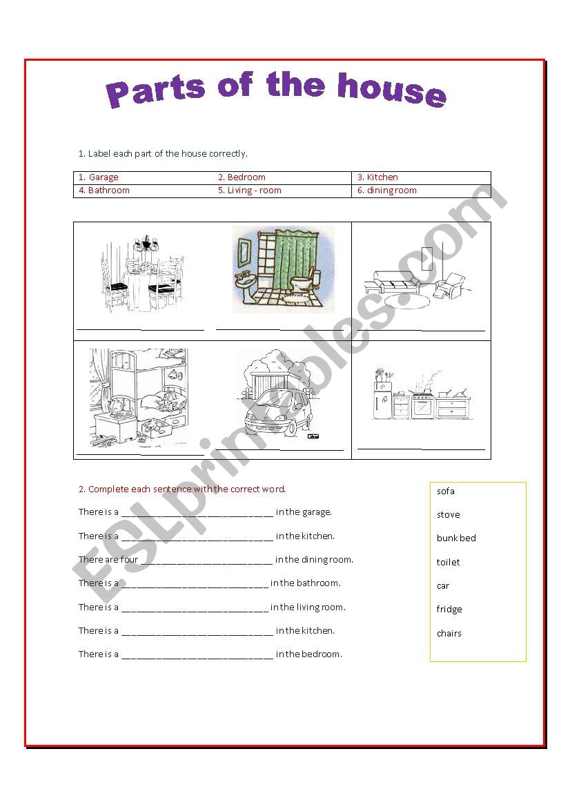 Parts of the house  worksheet