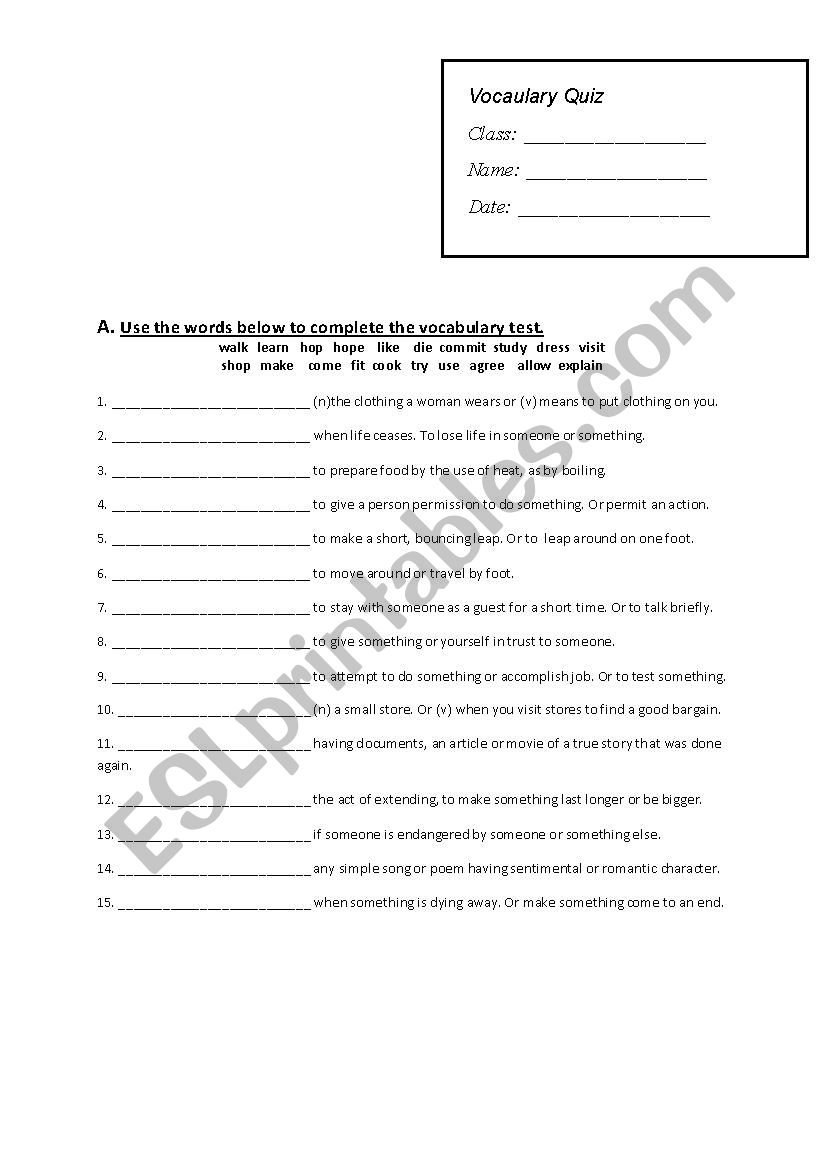 Vocabulary Test worksheet
