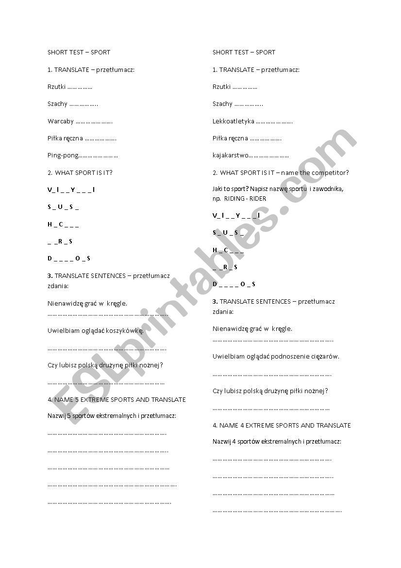 SHORT TEST ON SPORT worksheet