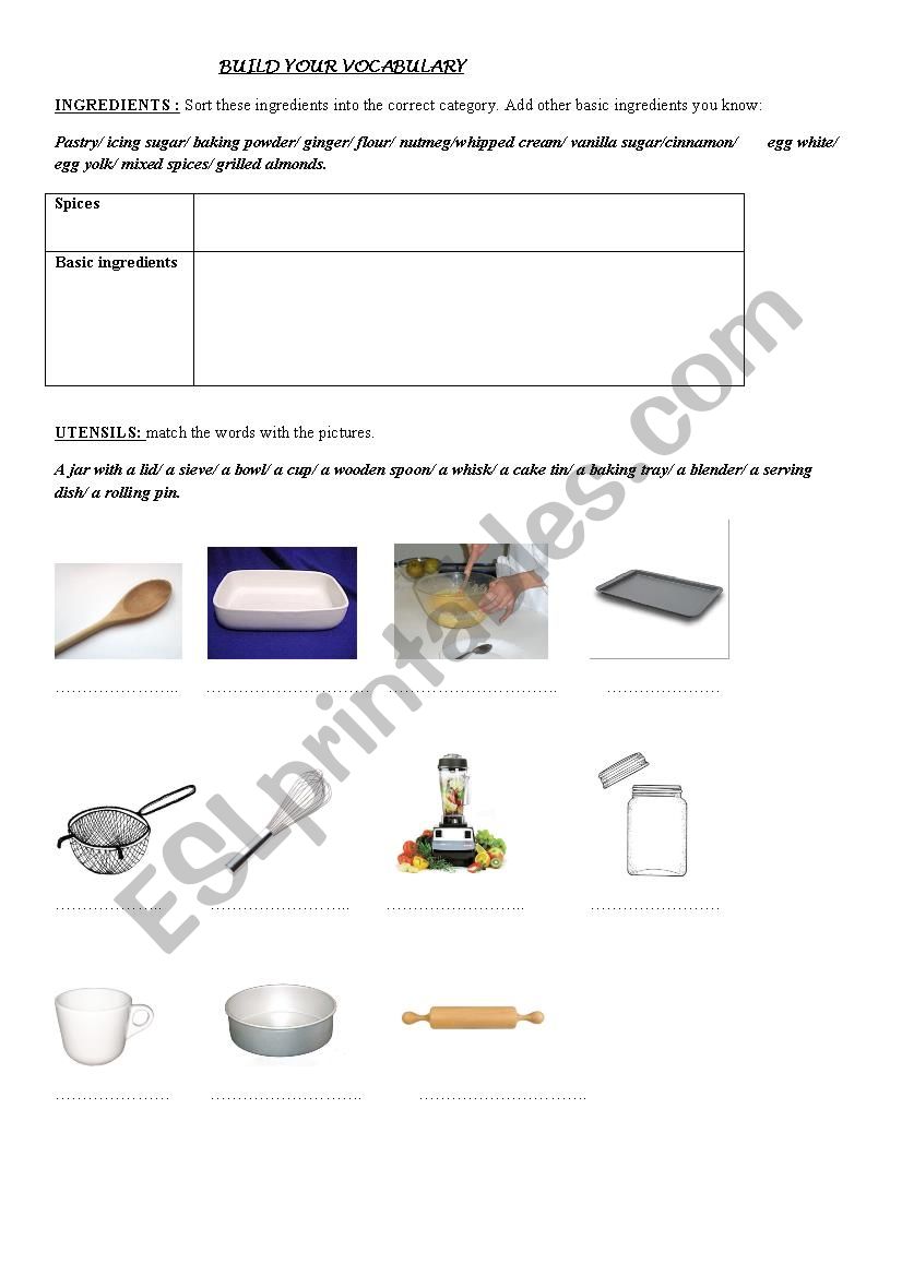 Cooking: basic ingredients and cooking utensils.