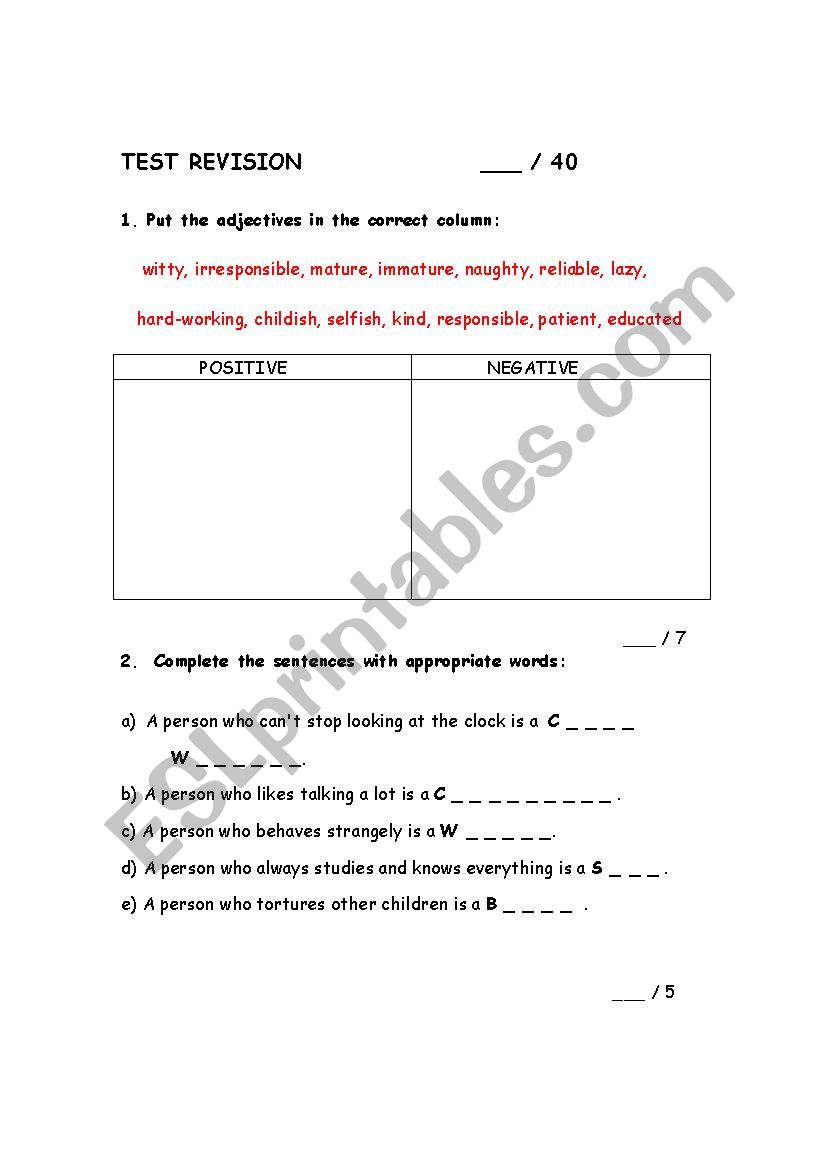 TEST REVISION  worksheet