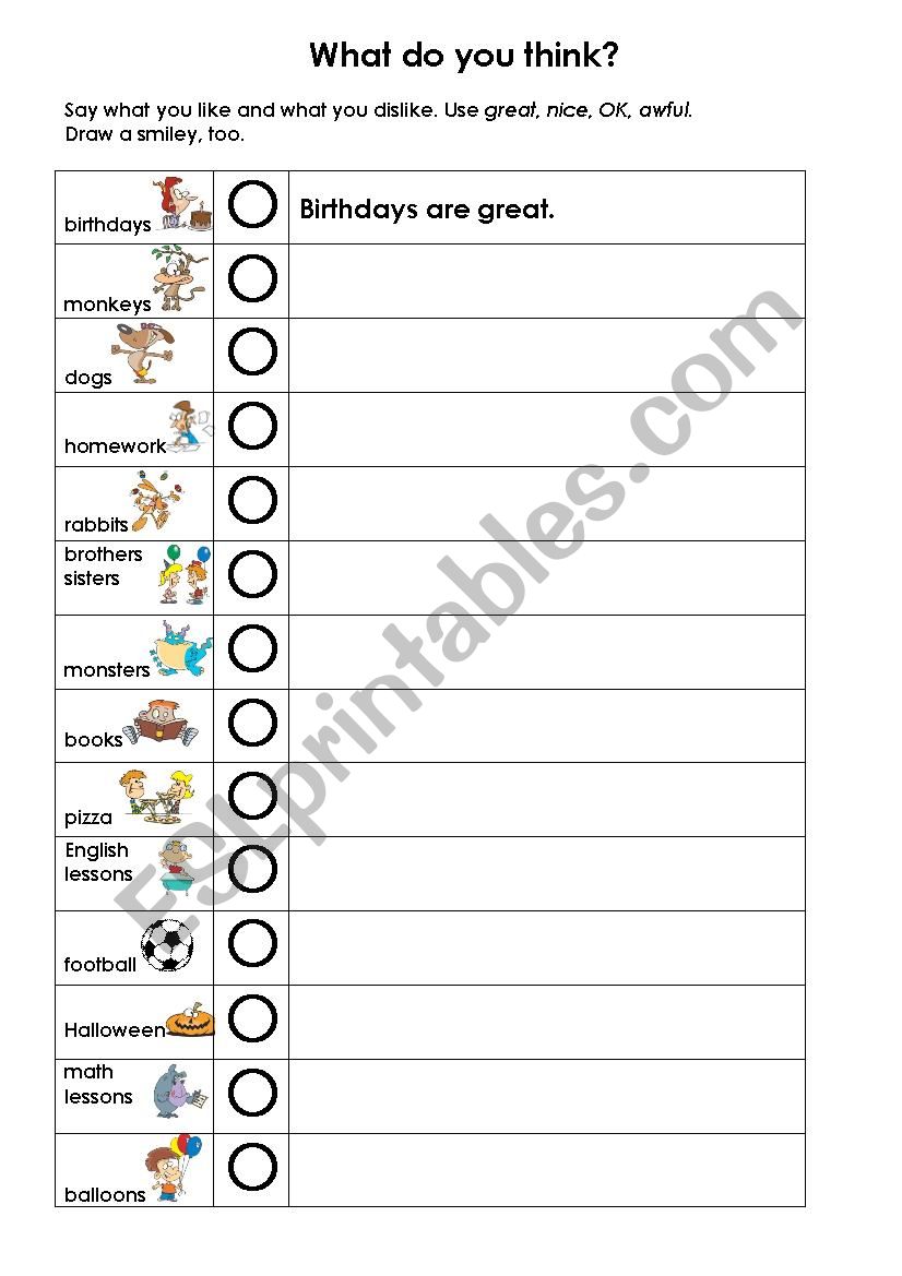 likes and dislikes worksheet