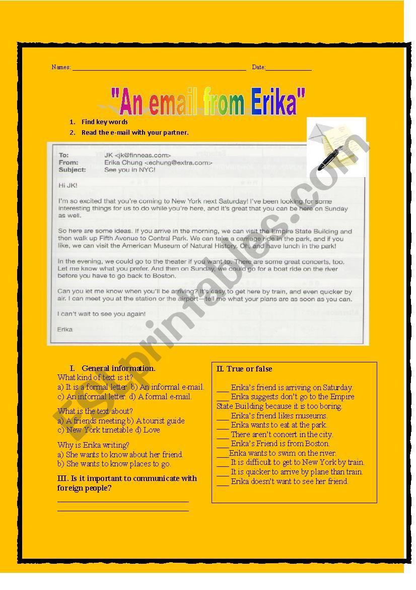 An email from Erika worksheet