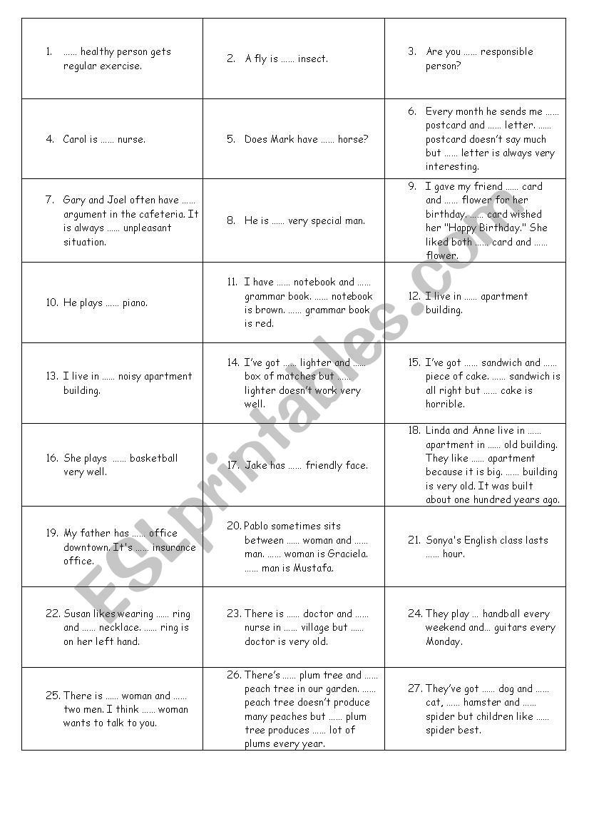 Articles board game worksheet