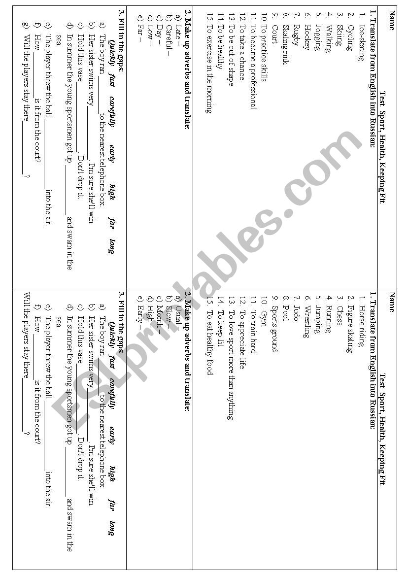 Sport, health and keeping fit worksheet