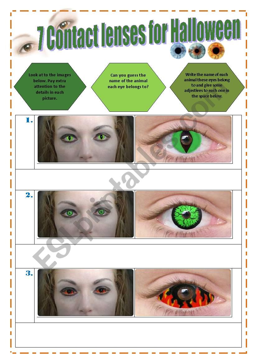 HALLOWEEN - 7 CONTACT LENSES FOR HALLOWEEN (8 Pages) exercises, instructions and a video session IDIOMS & Expressions about EYES