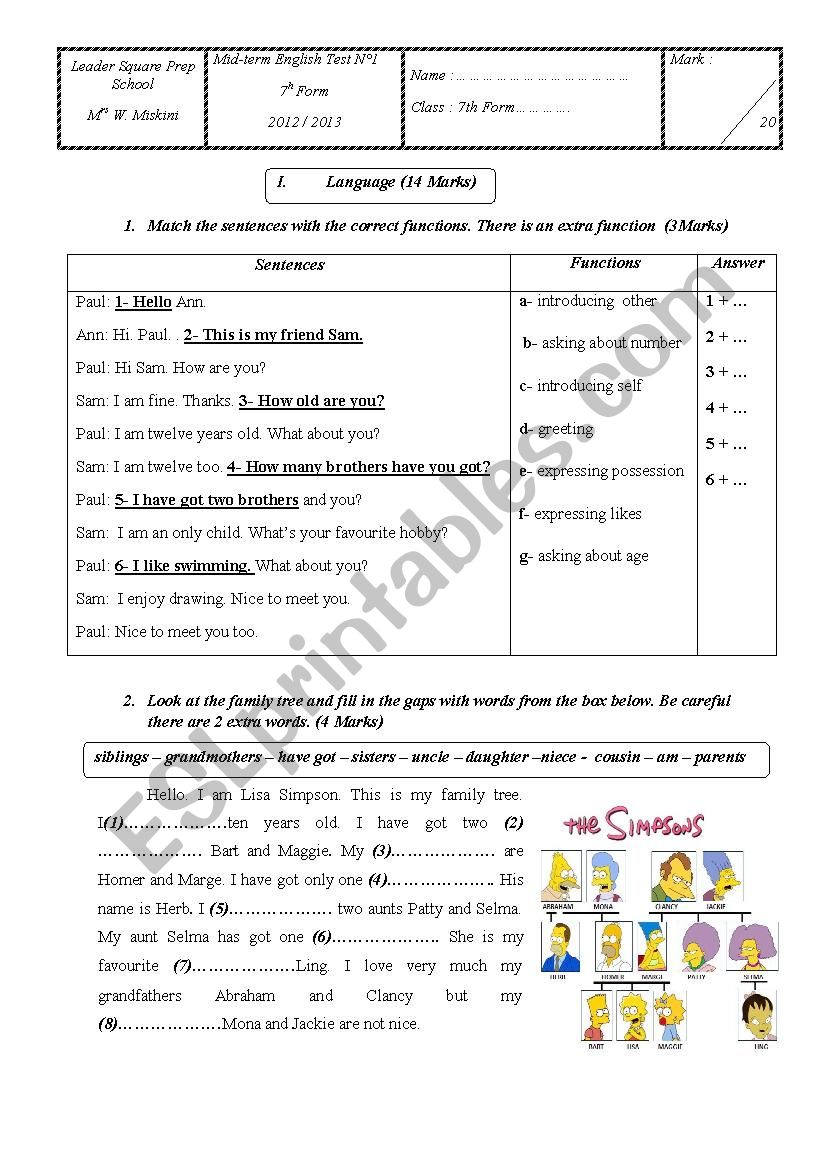 Family  / Hobby Test worksheet