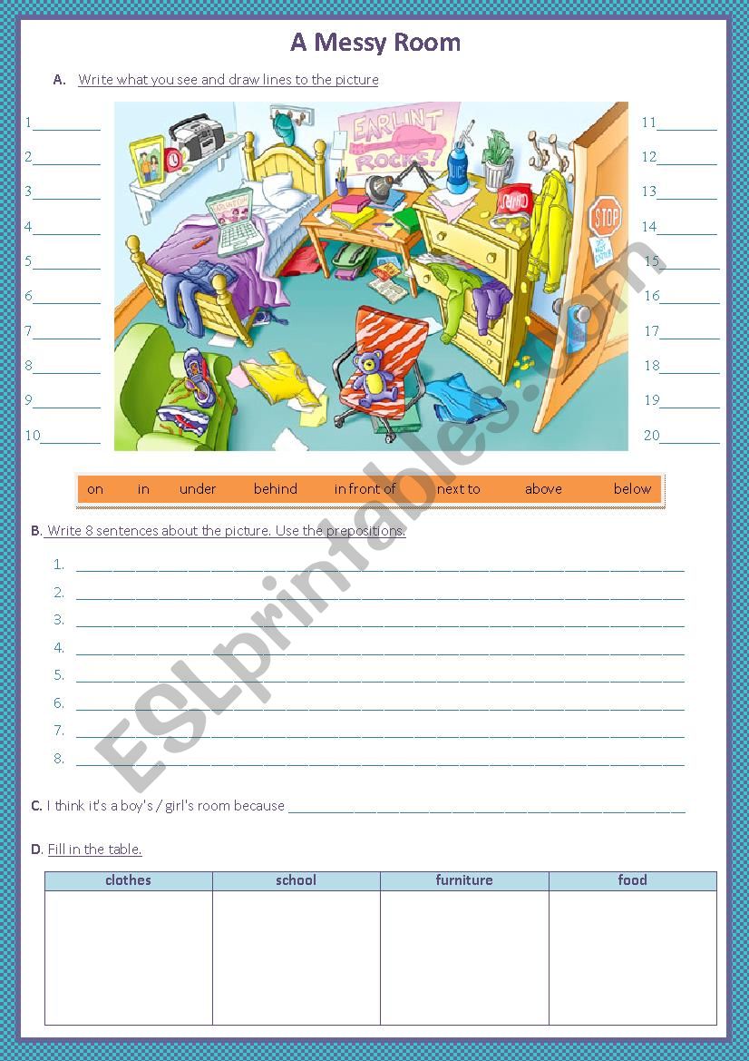 a messy room worksheet