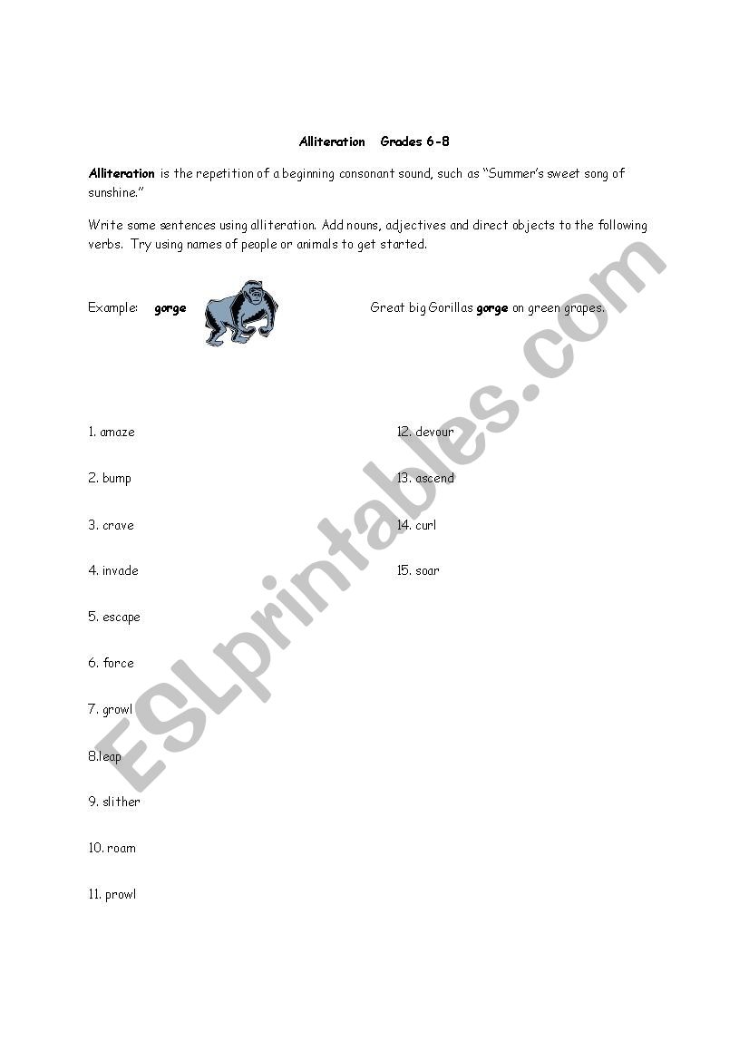 Alliteration and verbs worksheet