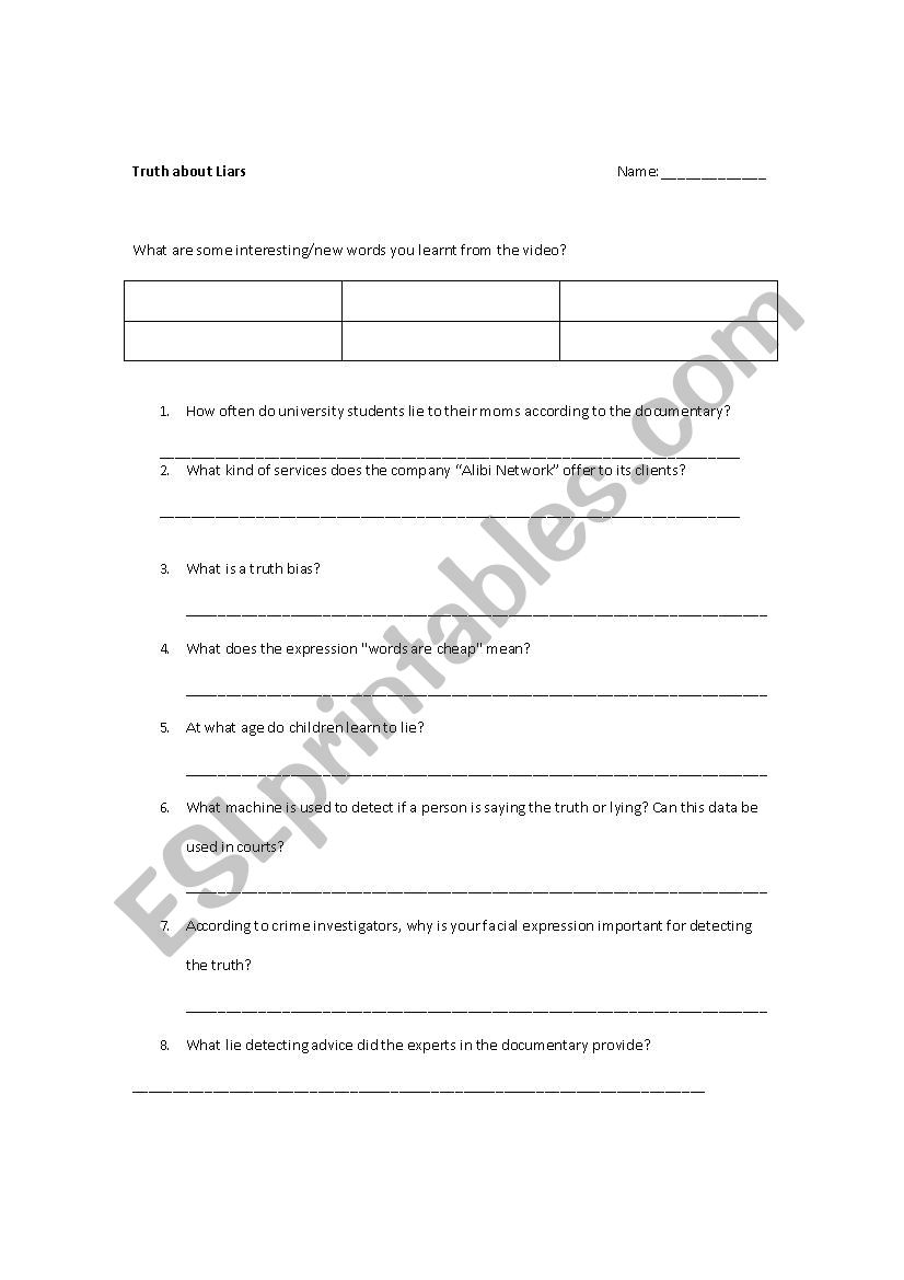 Truth about Liars Worksheet (to go with the documentary)