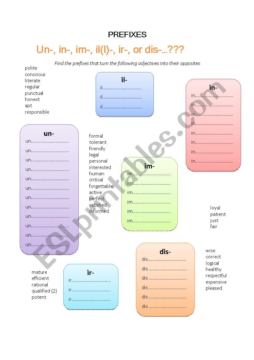 Prefixes (Opposites) worksheet