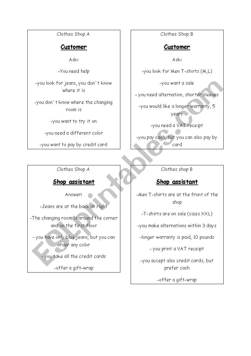 role play: a clothes shop worksheet