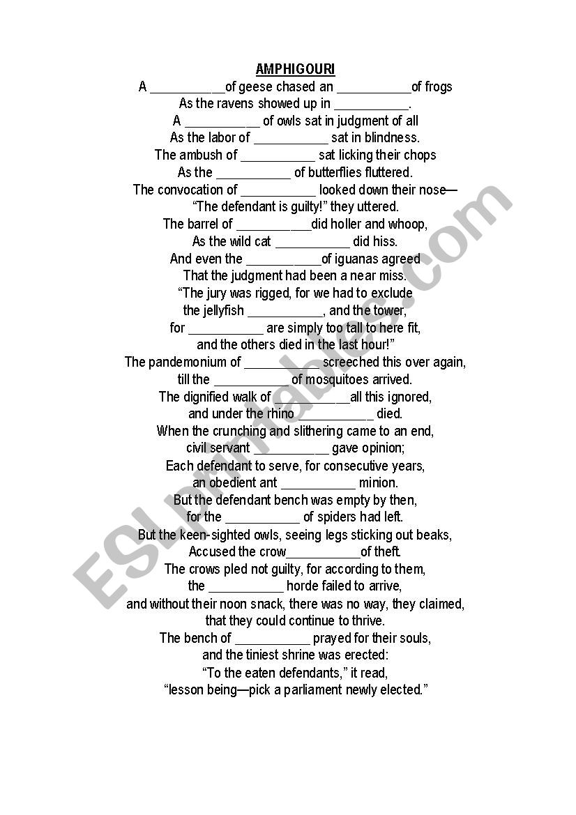 Collective Noun Nonsense Verse Amphigouri Fill In Worksheet