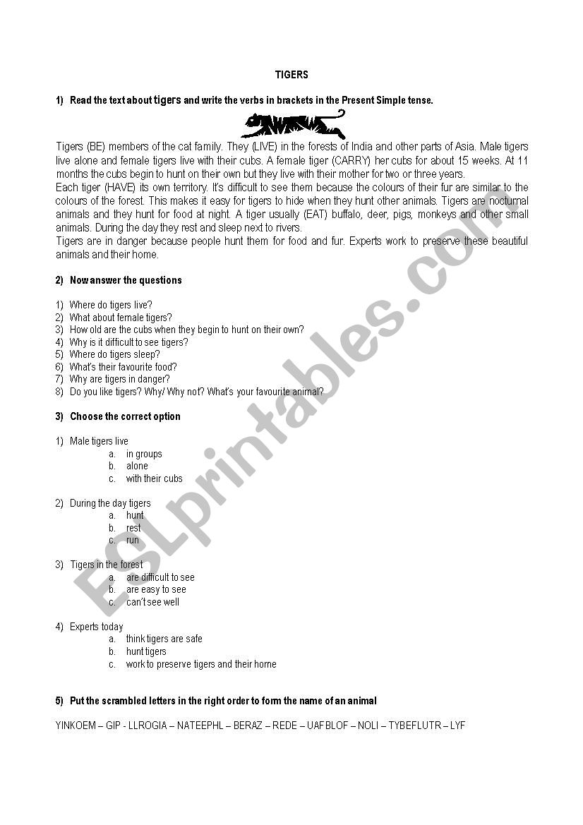 Tigers worksheet