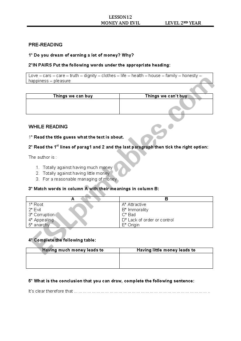 lesson 12 level : second year worksheet