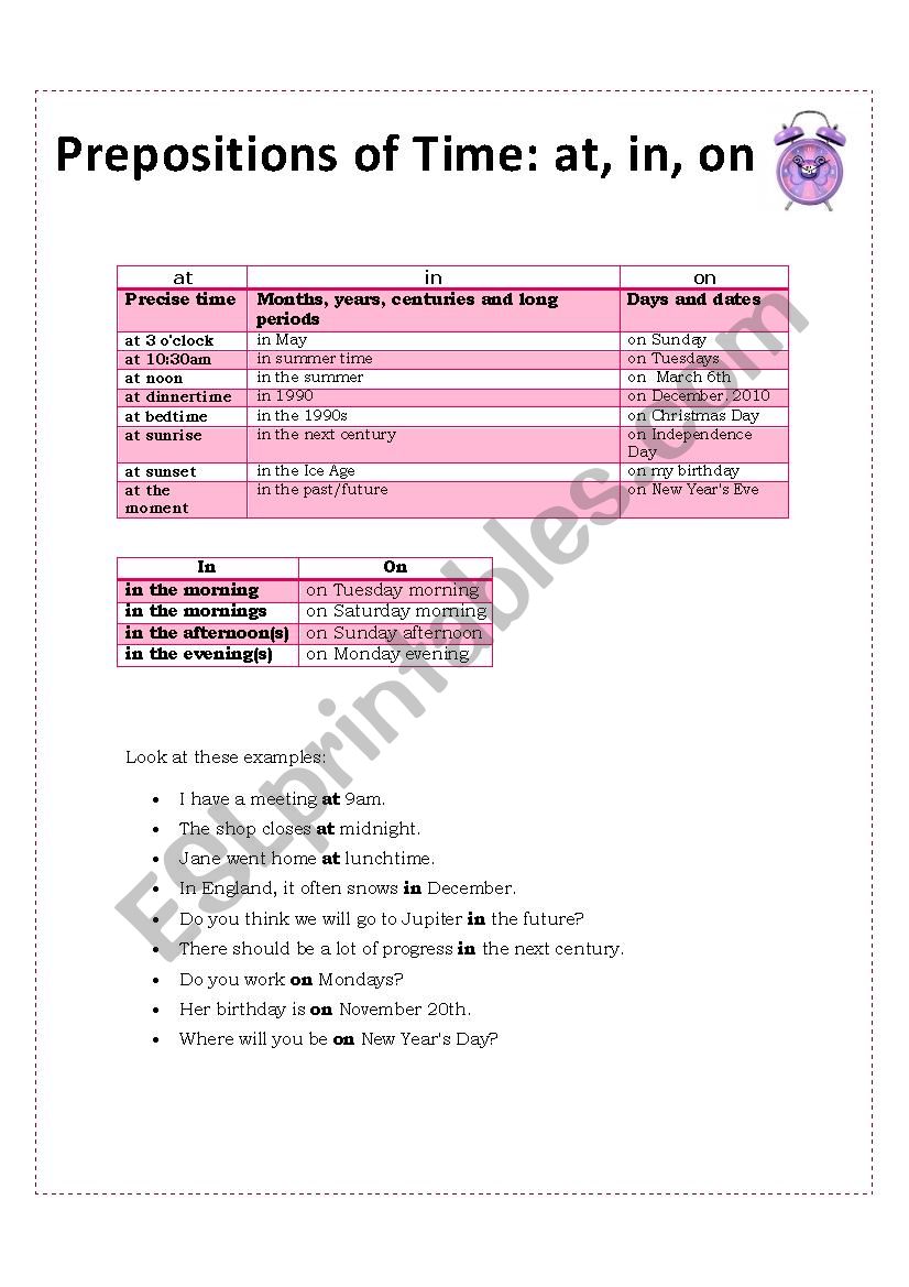 Preposition of time worksheet