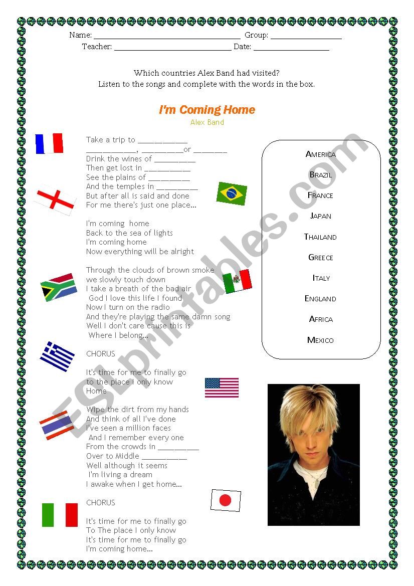 Im coming home - Alex Band worksheet