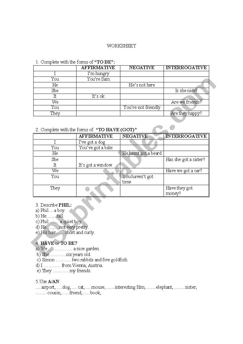 to be, to have (got) worksheet