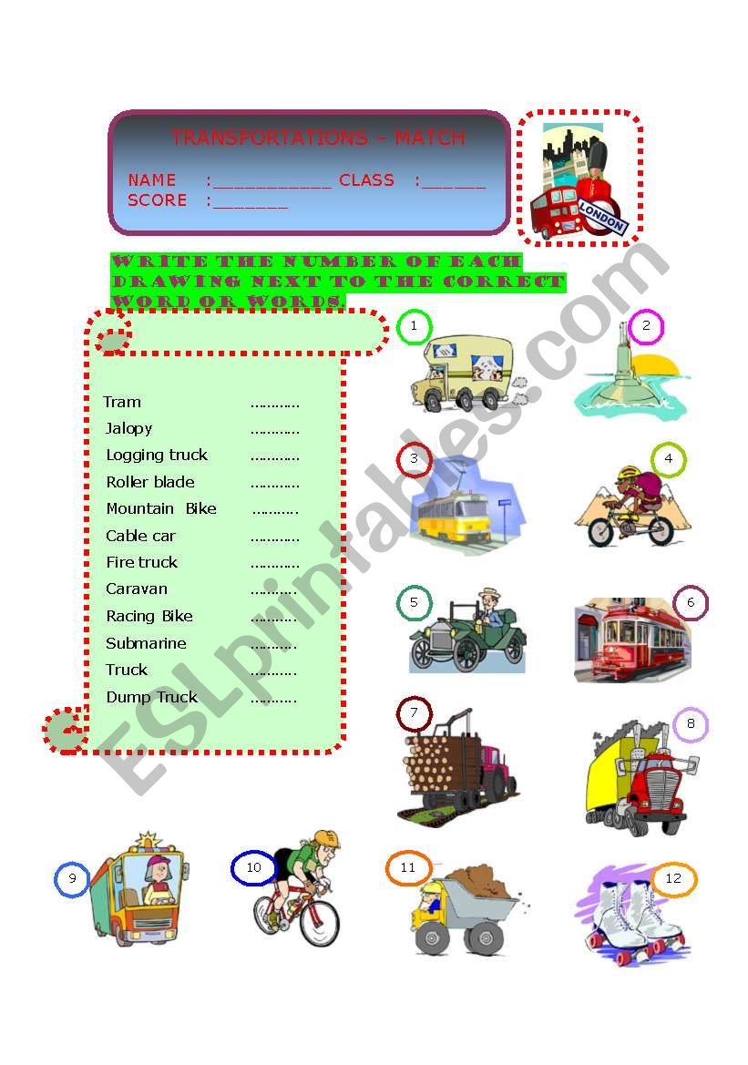 Transportation - Match  worksheet