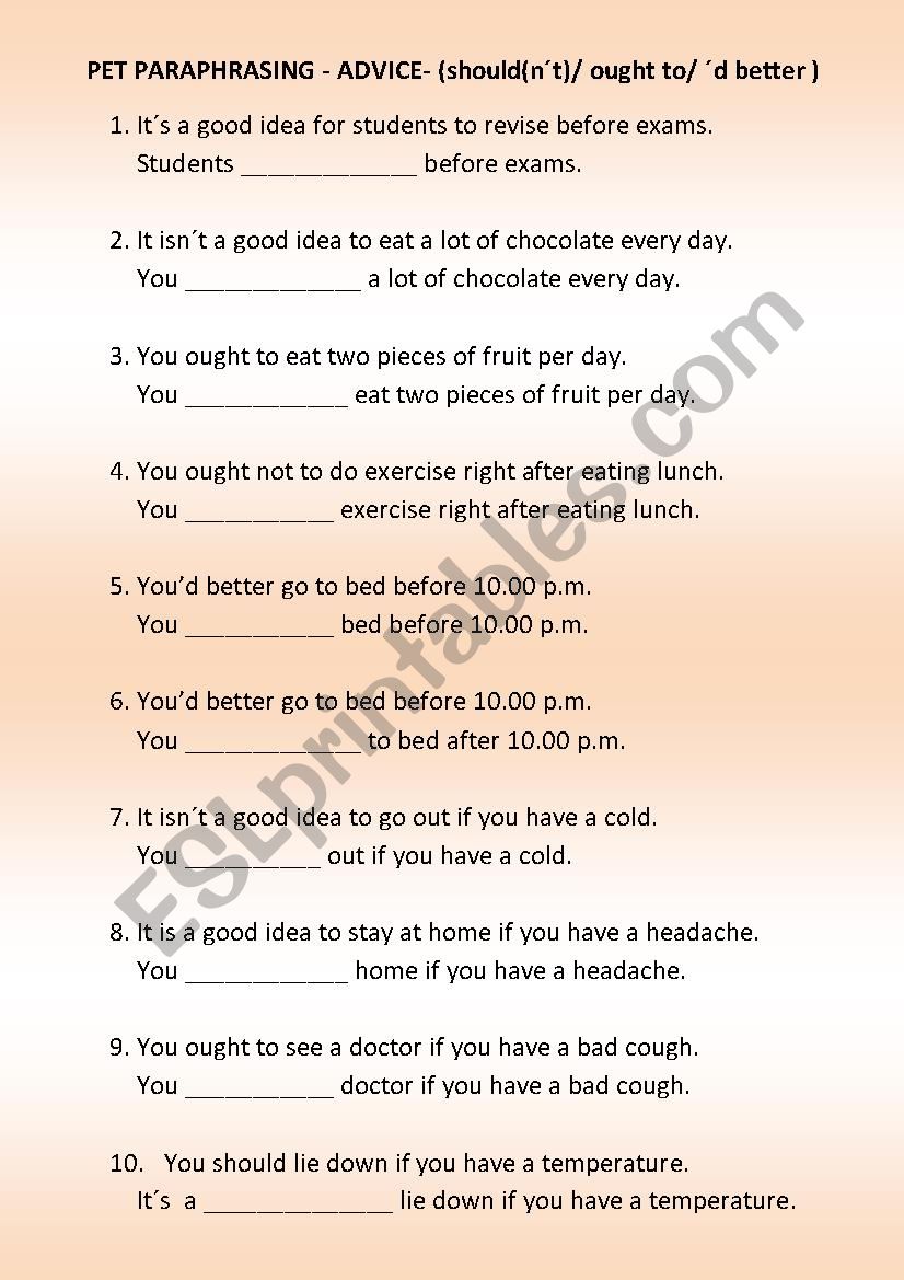 PET - Paraphrasing - Advice worksheet