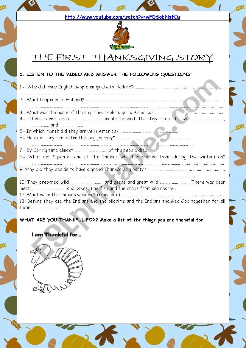 THE FIRST THANKSGIVING STORY worksheet