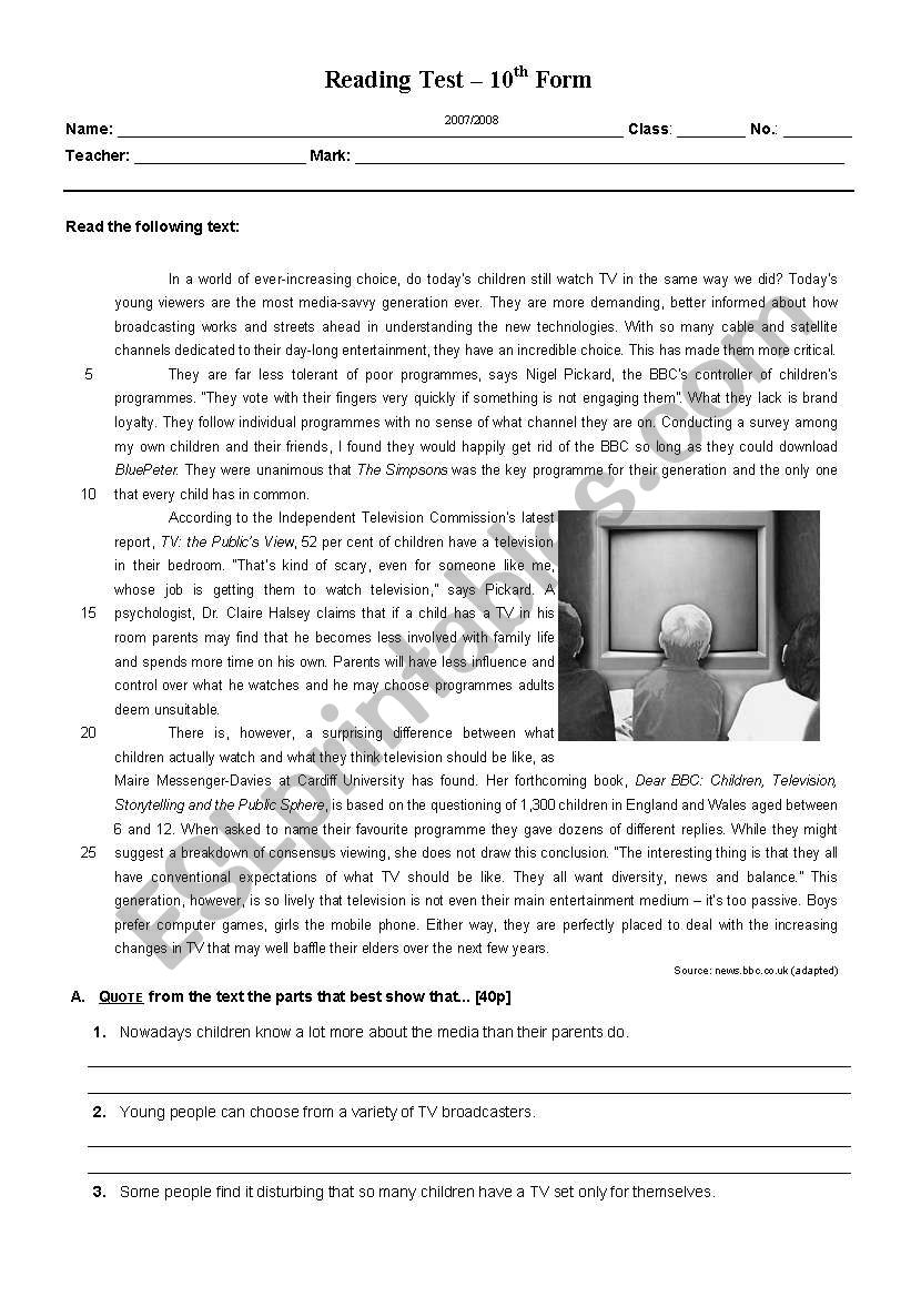 Reading test - TV worksheet