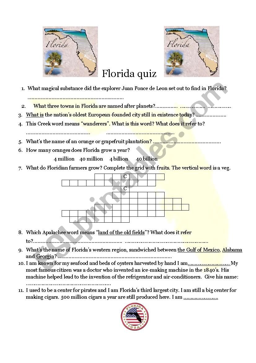 Florida quiz worksheet