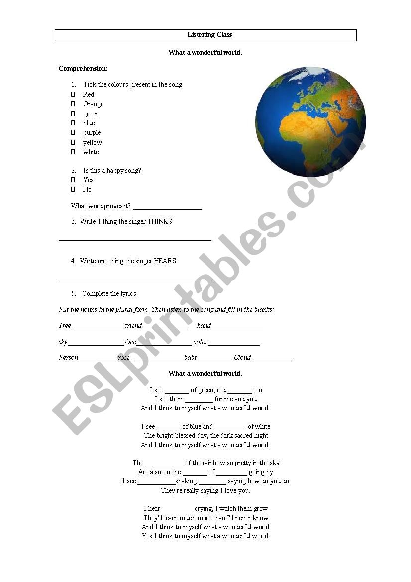 What a wonderful world worksheet