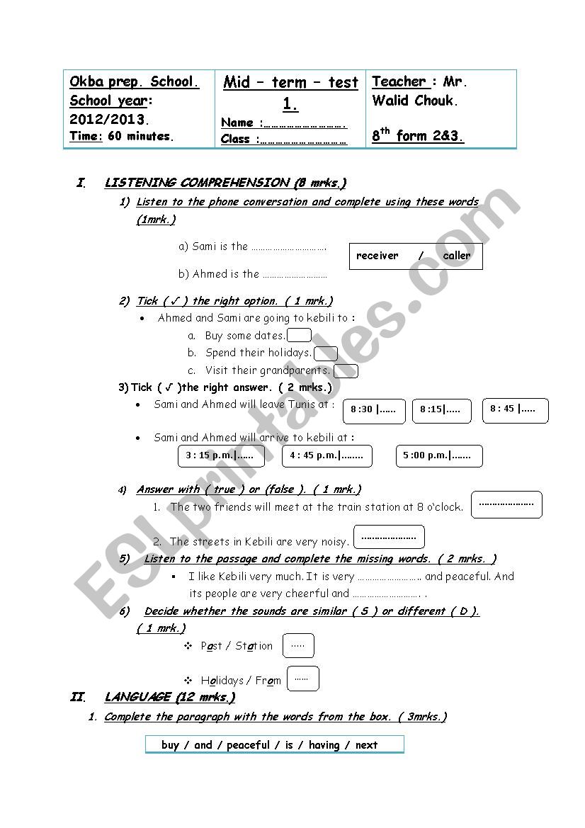 mid term test 1 8th form worksheet