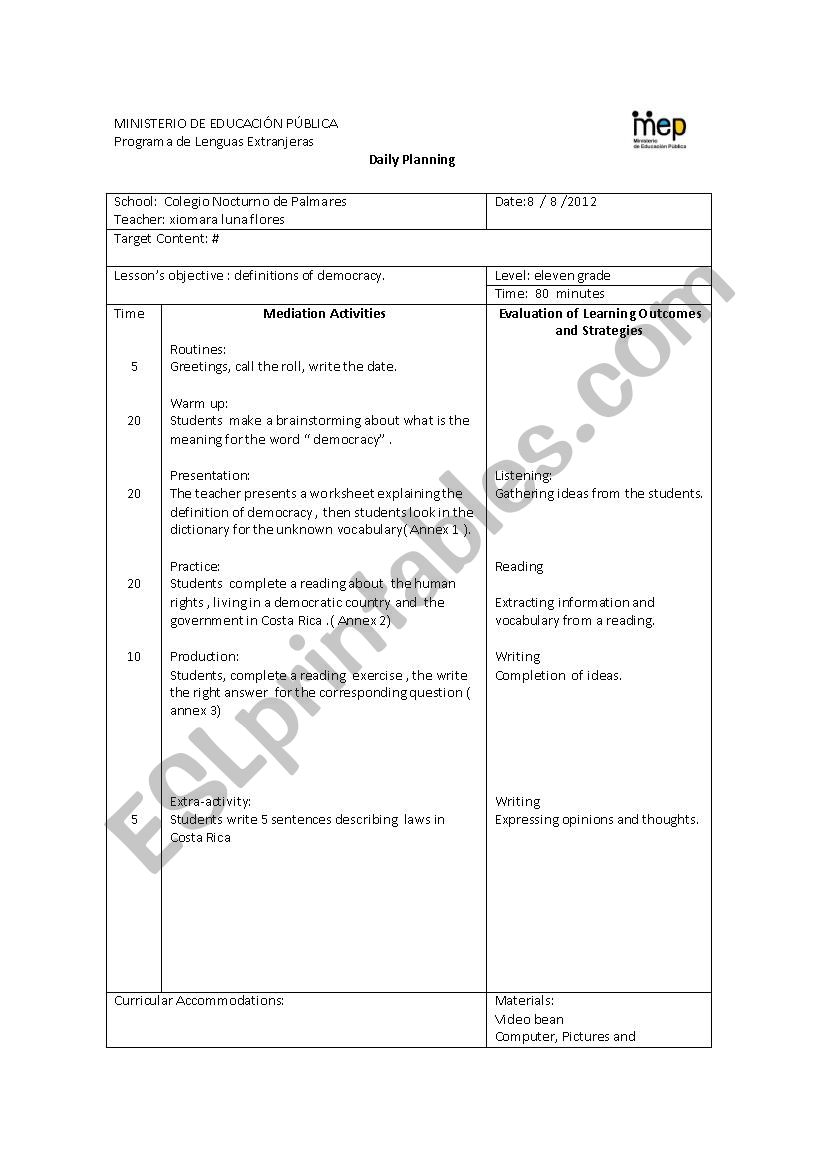 lesson plan democracy worksheet