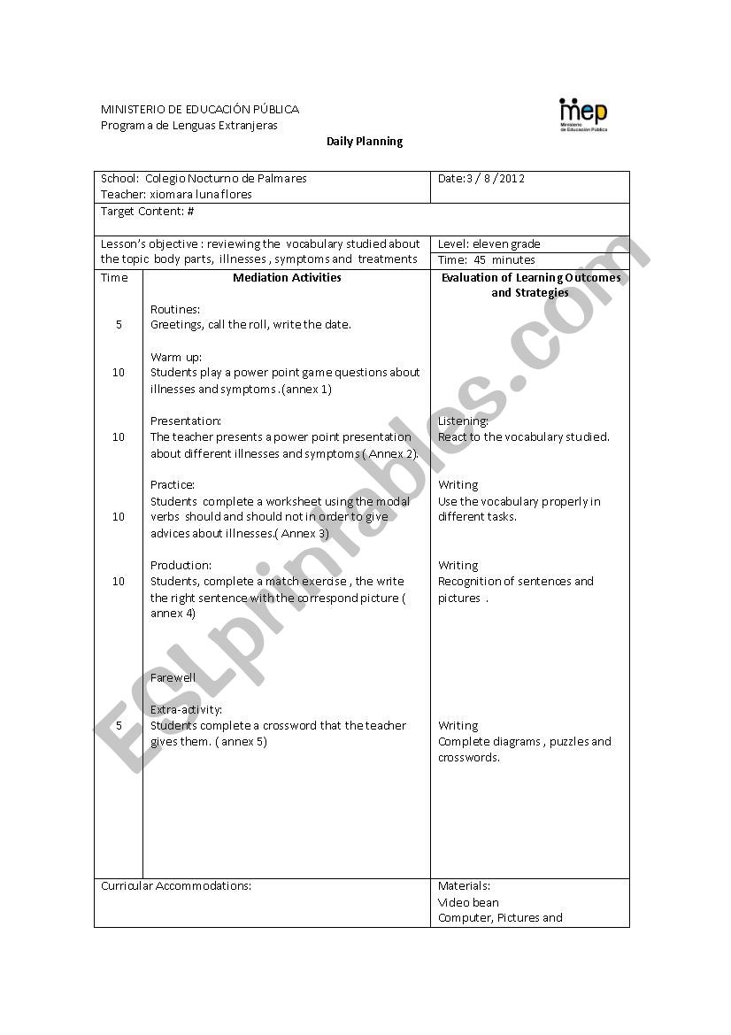 lesson plan illnesses worksheet