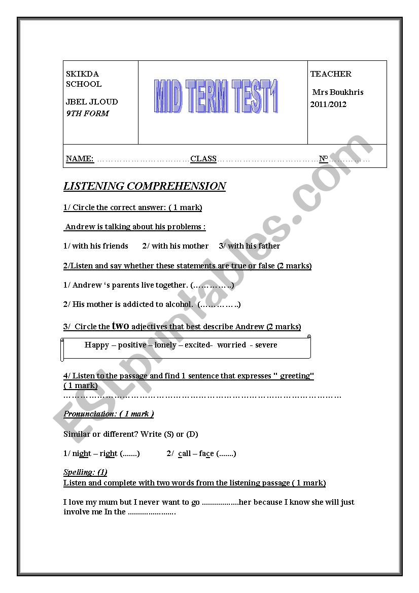 mid term test 1 9th form worksheet