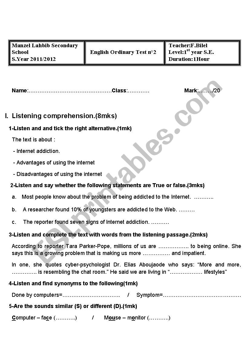 Ordinary test n 2 worksheet