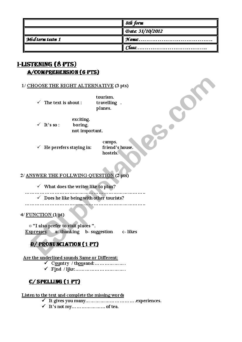 8th form mid term test worksheet