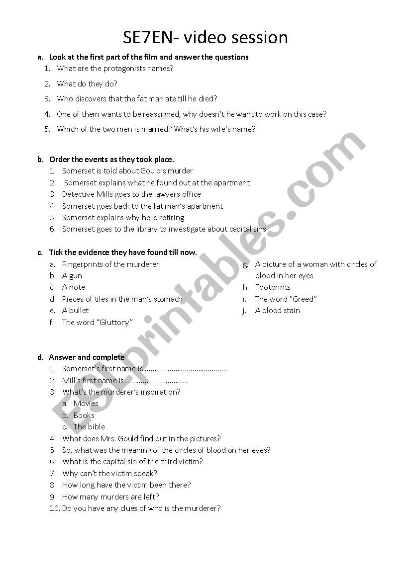 Se7en Movie Worksheet worksheet