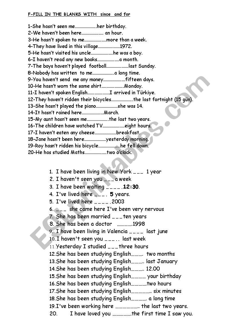 present perfect since-for worksheet