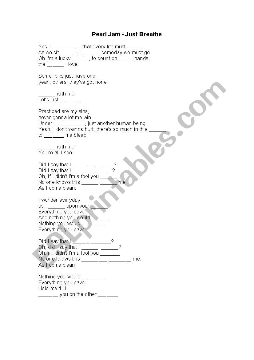 Pearl Jam - Just Breathe worksheet