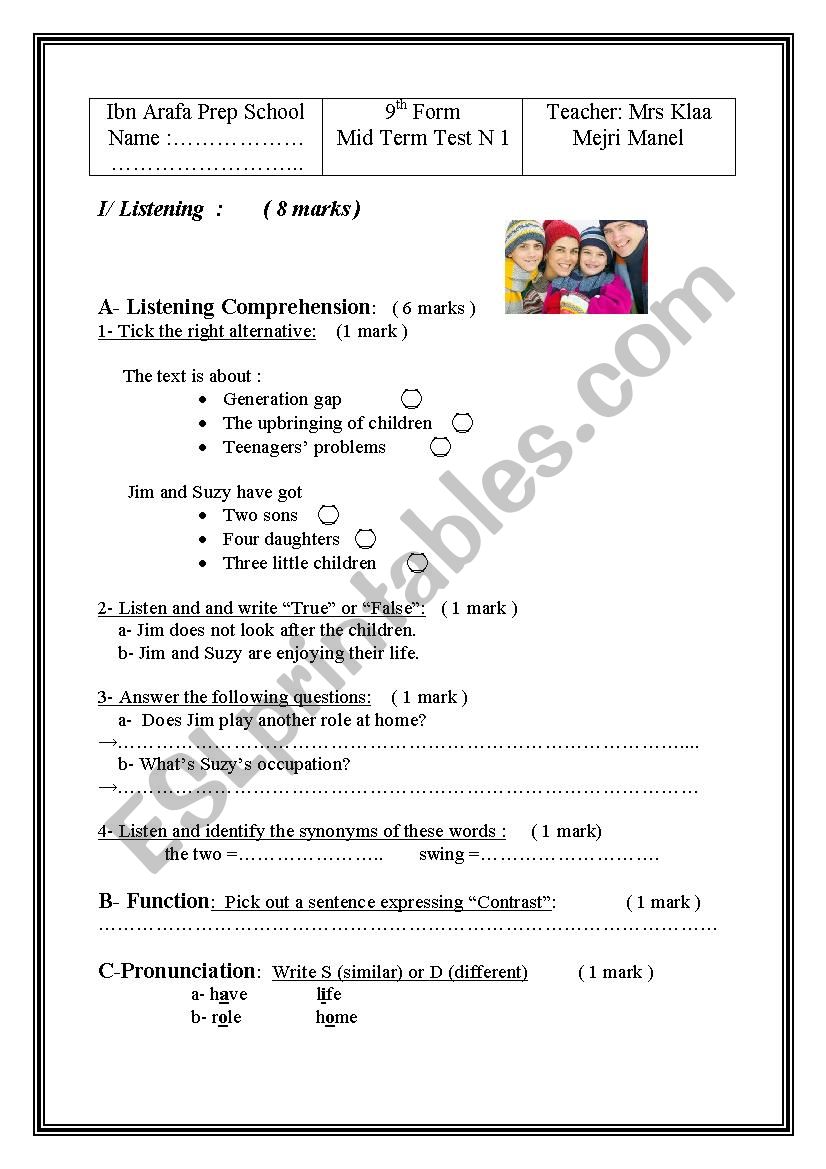 mid term test n1 9th form worksheet