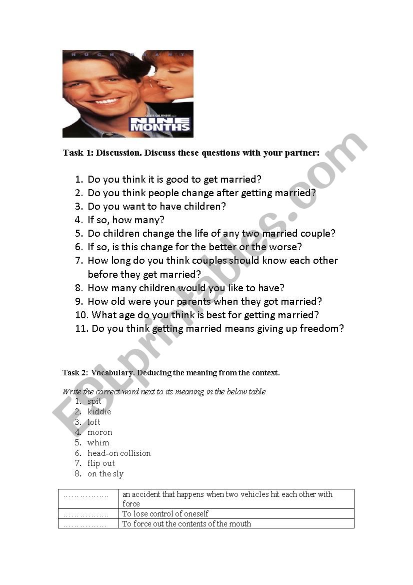 Nine Months movie worksheet worksheet