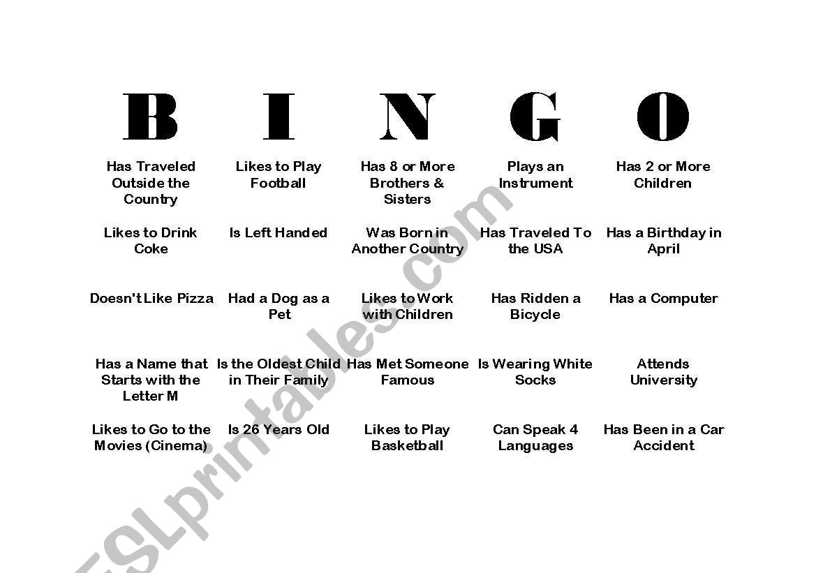 Bingo Get to Know You Activity