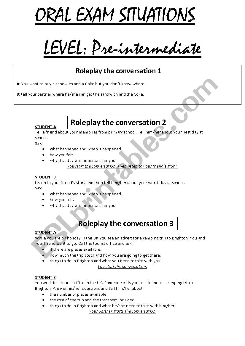 ORAL EXAM SITUATIONS worksheet