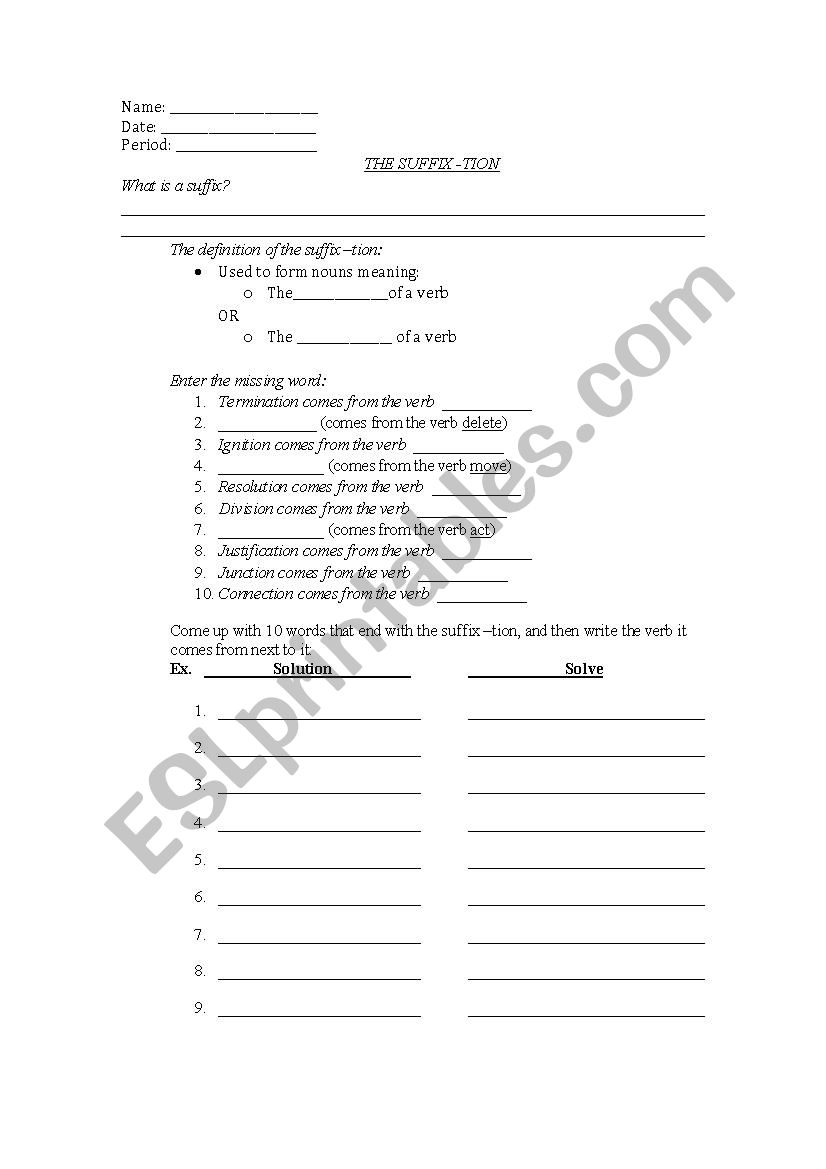 The Suffix -tion worksheet