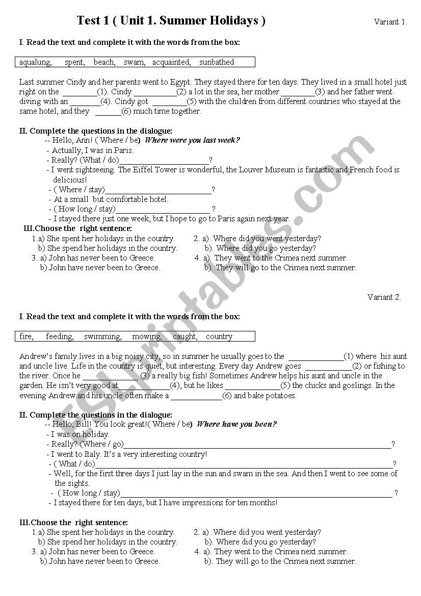 Test. Summer Holidays. worksheet