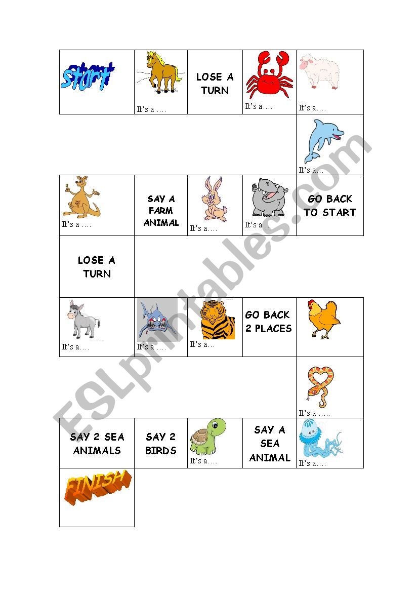 Animal board game worksheet