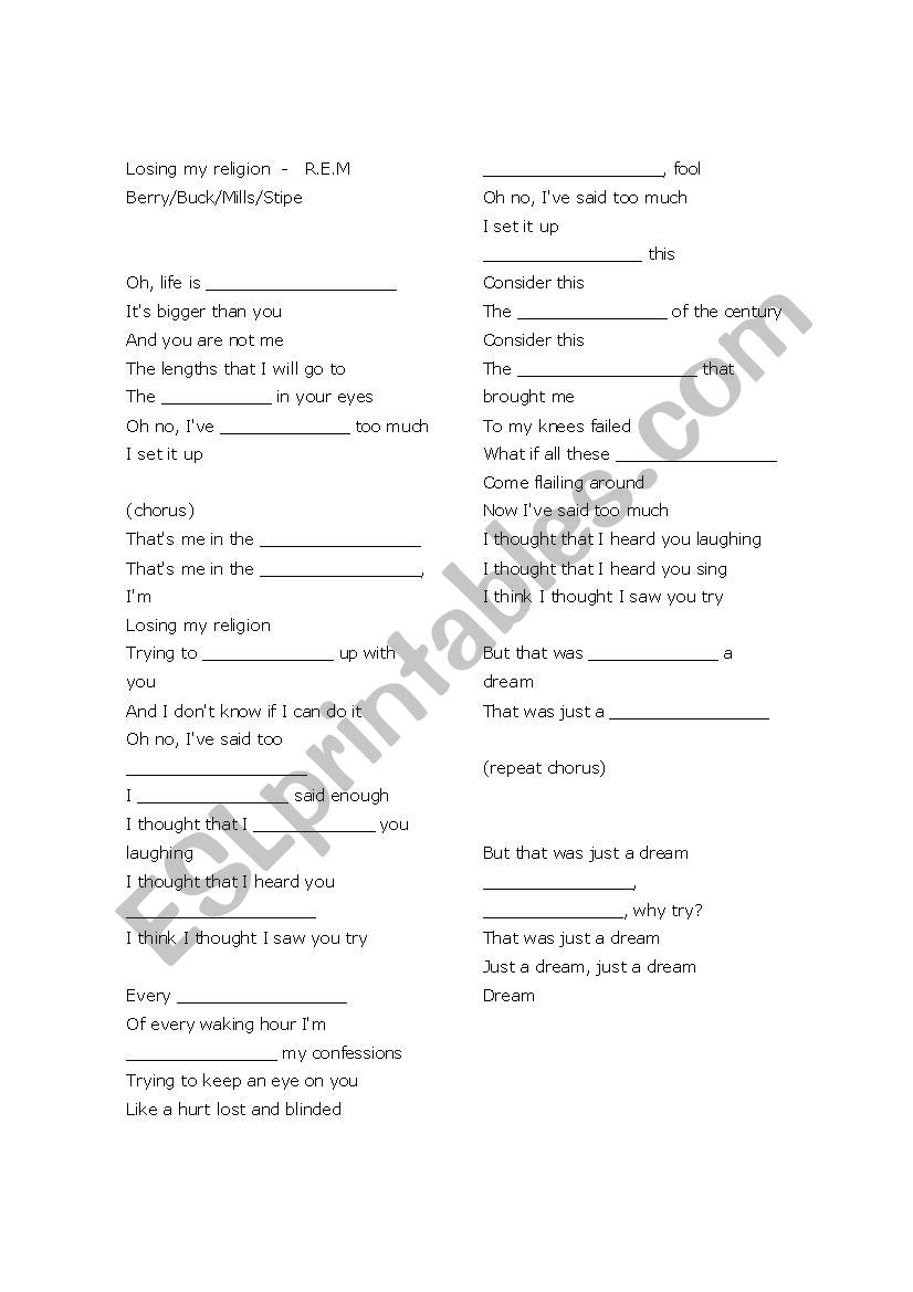 Losing my religion. worksheet