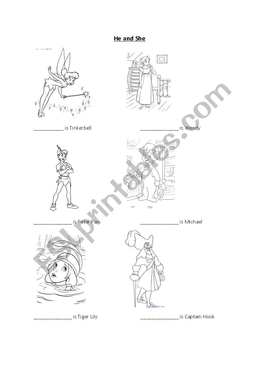 Peter Pan- he and she worksheet