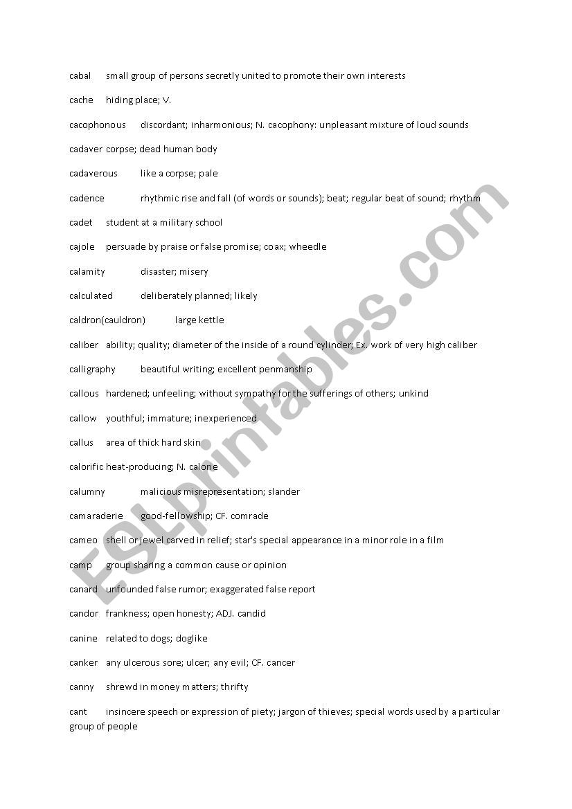 tough c words worksheet