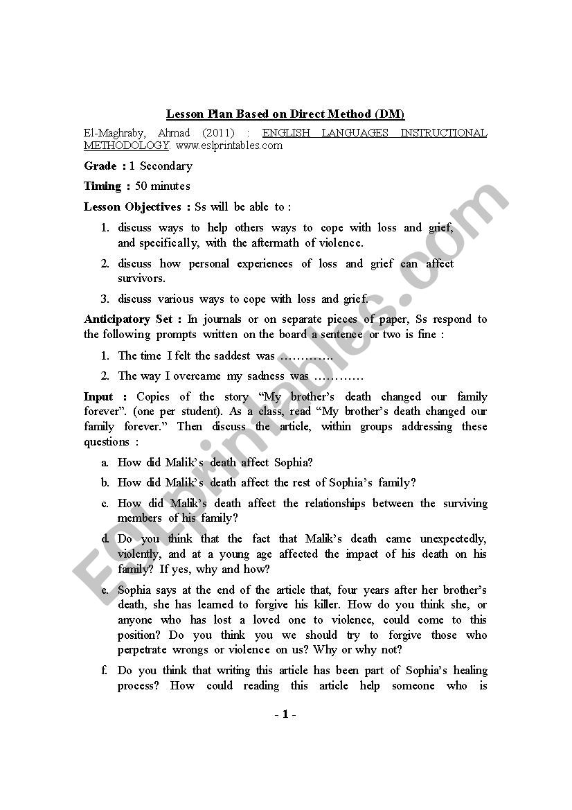 Lesson Plan Based on Direct Method (DM)